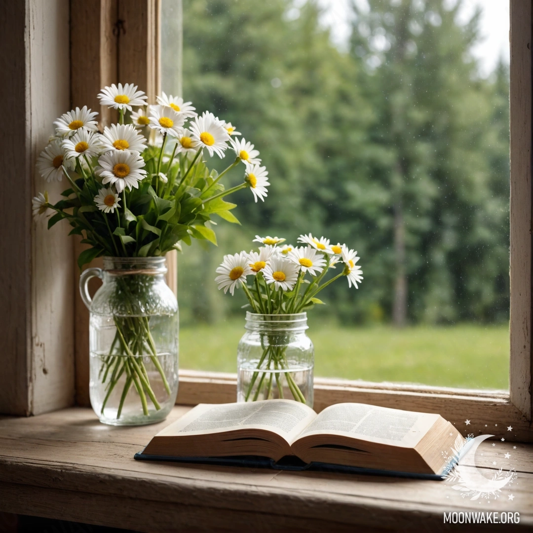 A jar with daisies and an open book on a shabby wooden windowsill.