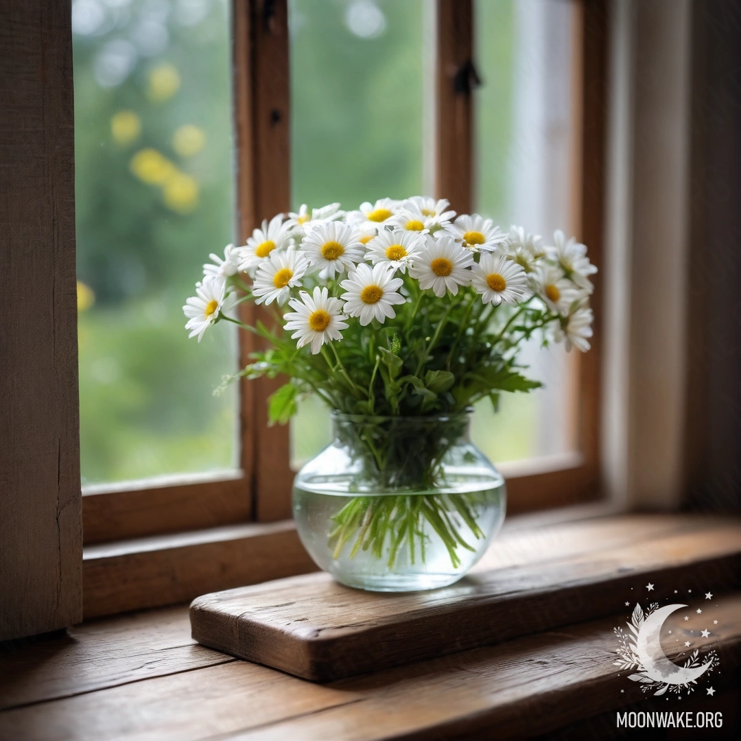 A glass vase filled with daisies sits on a wooden vintage windowsill, illuminated by soft garland lights.