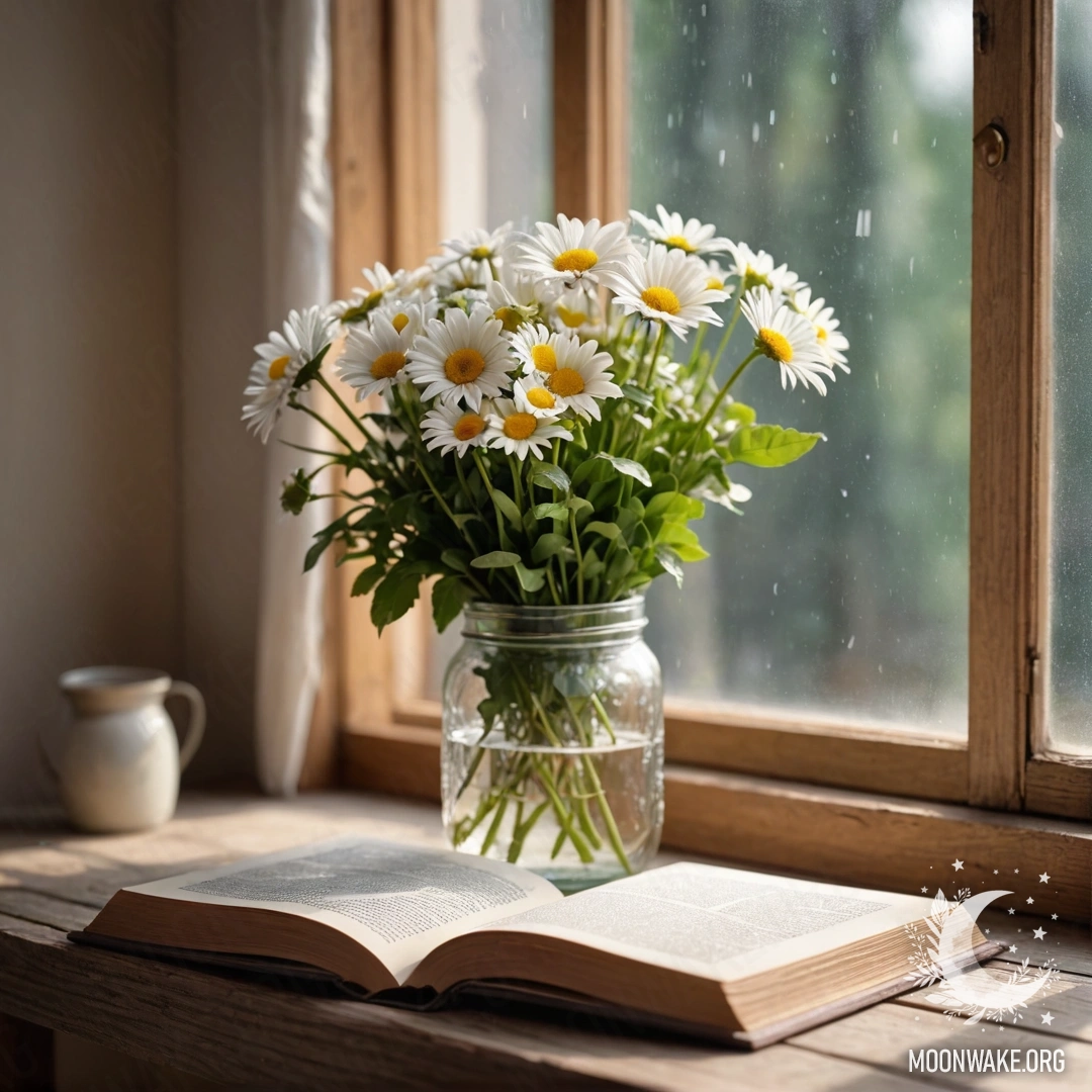 A jar with daisies and an open book on a shabby wooden windowsill.