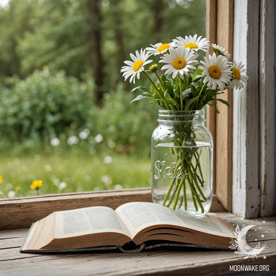 Charming Daisies on a Wooden Windowsill A wooden windowsill adorned with a jar of daisies and an open book beside it.