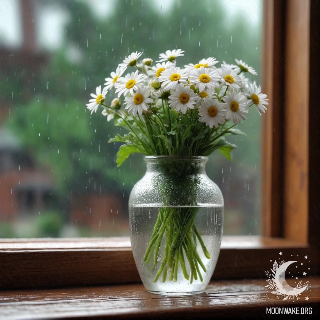 A glass vase with daisies on a wooden vintage windowsill in the rain.