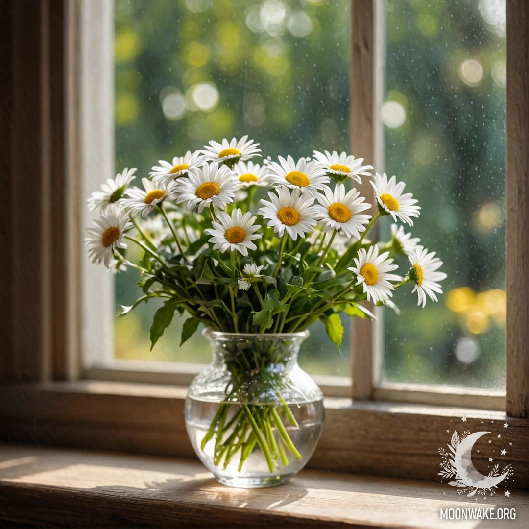 A glass vase with daisies sits on a wooden vintage windowsill.