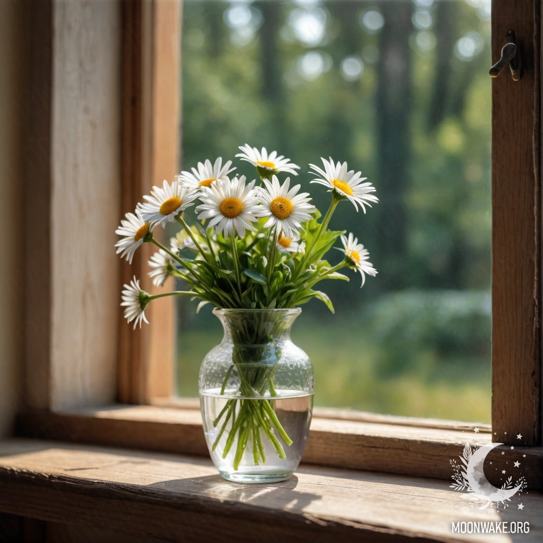 A glass vase with daisies placed on a wooden vintage windowsill.