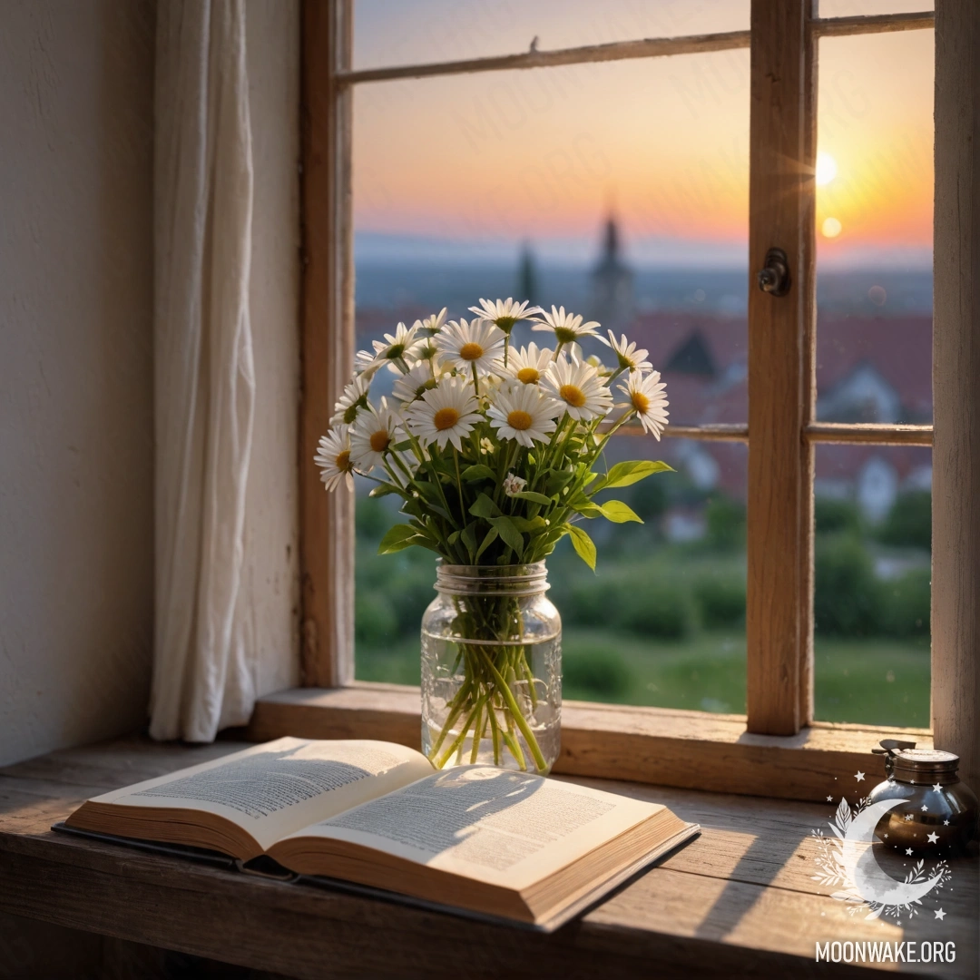 A photorealistic depiction of a wooden windowsill with a jar of daisies and an open book at sunset.