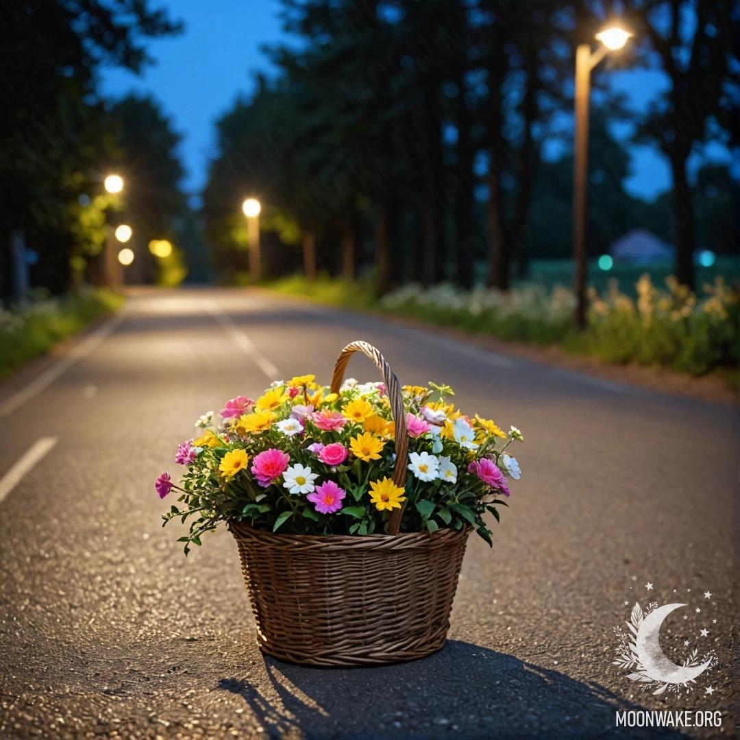 A serene dirt road with a basket of flowers and blurred trees in the background at night.
