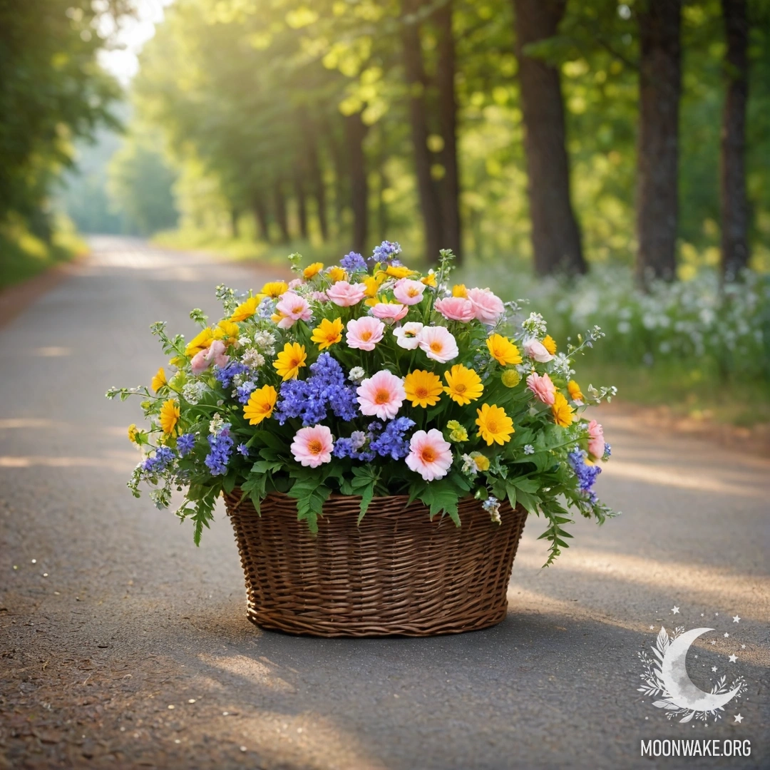 Charming Dirt Road with Flowers A dirt road with a basket of flowers and bokeh trees in the background.