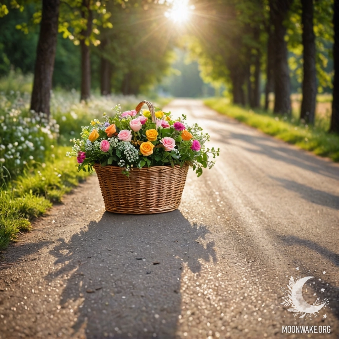 A picturesque dirt road with a basket of flowers and a bokeh background of trees illuminated by garland lights.