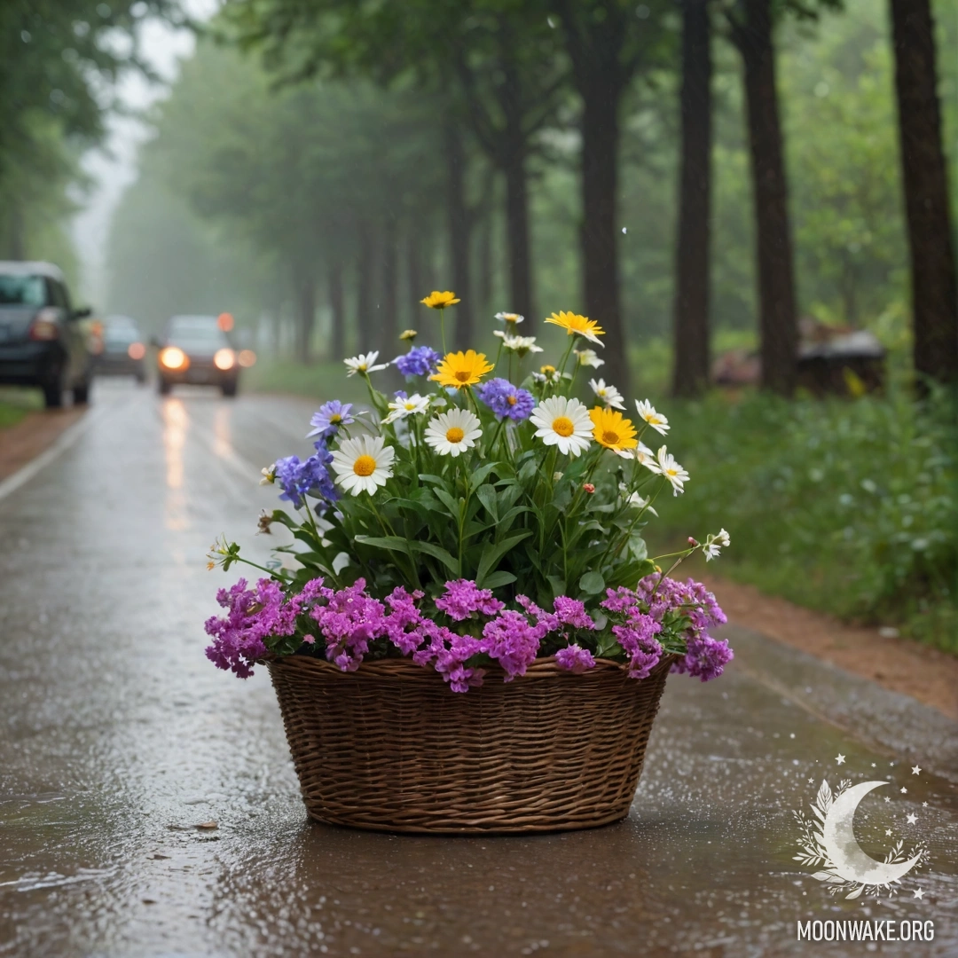 A dirt road with a basket of flowers surrounded by trees in the rain.