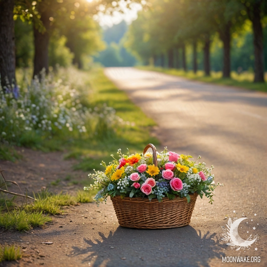 A dirt road with a basket of flowers and bokeh trees in the background.