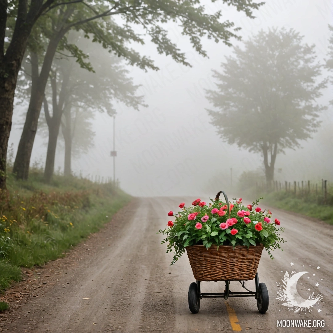 A dirt road adorned with a basket of flowers surrounded by misty trees.