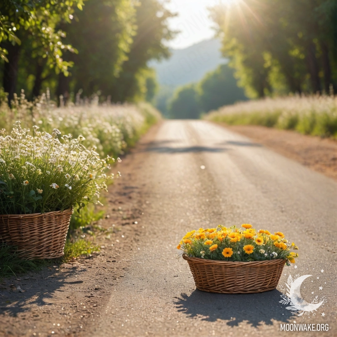 A dirt road adorned with a basket of flowers and a soft bokeh background of illuminated trees.