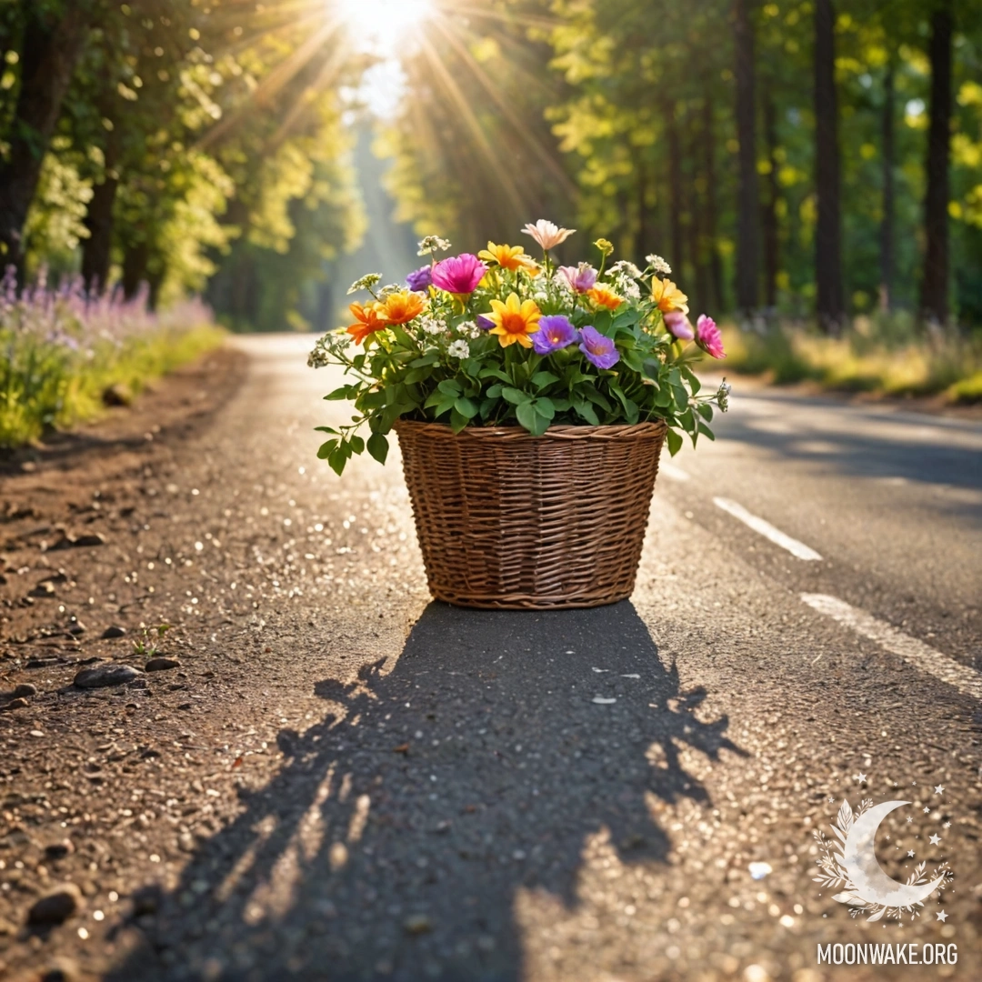 Charming Dirt Road with Flowers A basket of flowers on a dirt road surrounded by trees and sunlight.