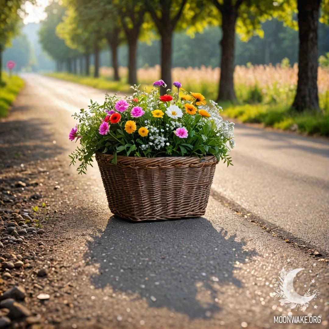 A dirt road with a basket of flowers, surrounded by trees and garland lights.