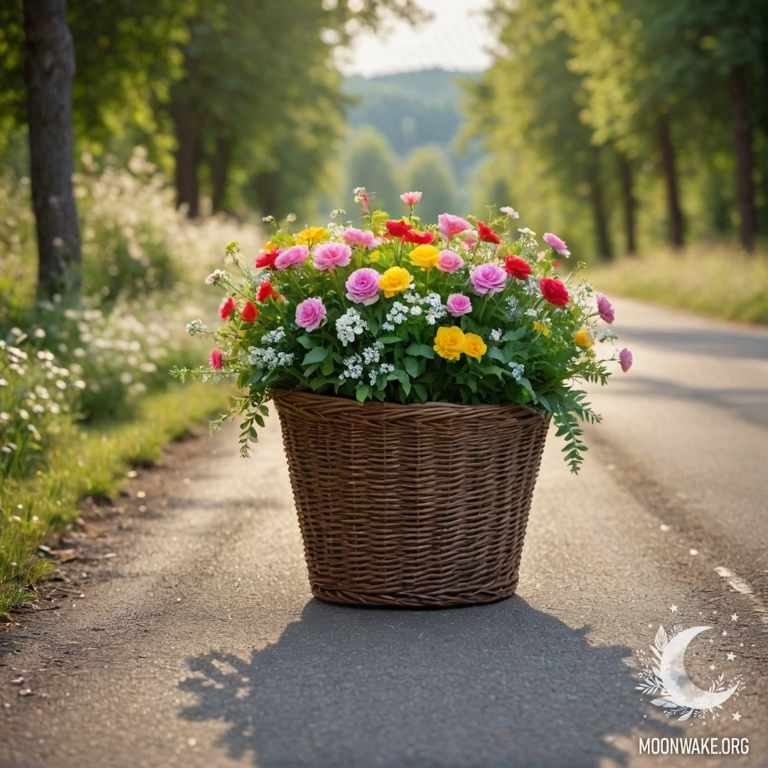 A dirt road adorned with a basket of flowers beside trees lit with garland lights.