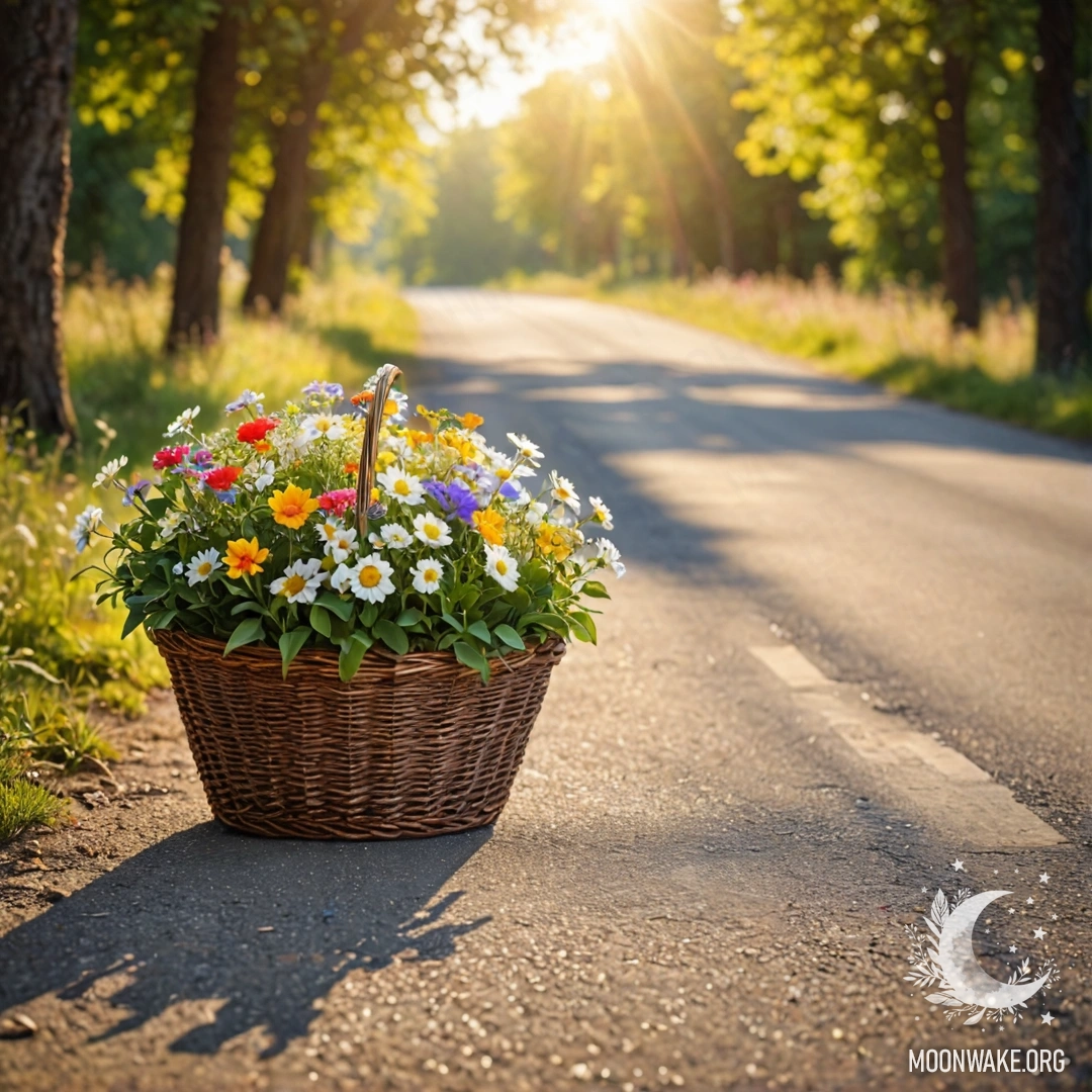 A serene dirt road with a basket of colorful flowers on it, surrounded by trees and soft sunlight.