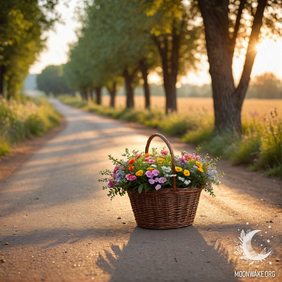 Charming Dirt Road with Flowers at Sunset A dirt road with a basket of flowers, surrounded by trees during sunset.