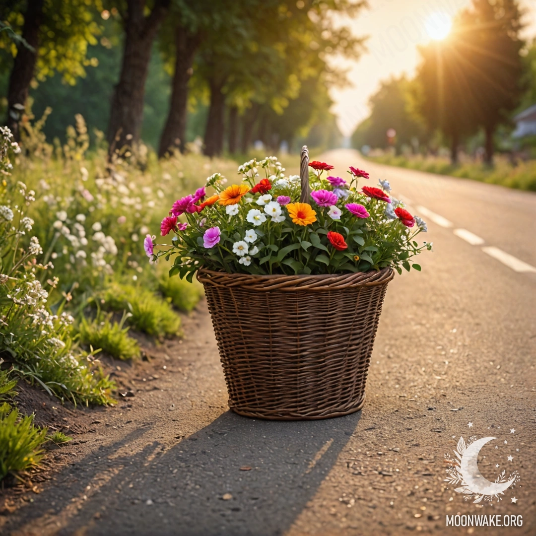 A dirt road with a basket of flowers, illuminated by a sunset.