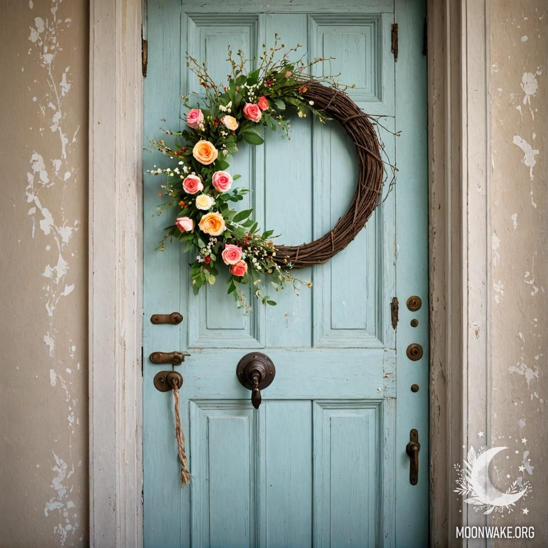 A shabby door adorned with twigs and flowers on the handle, surrounded by soft lights.