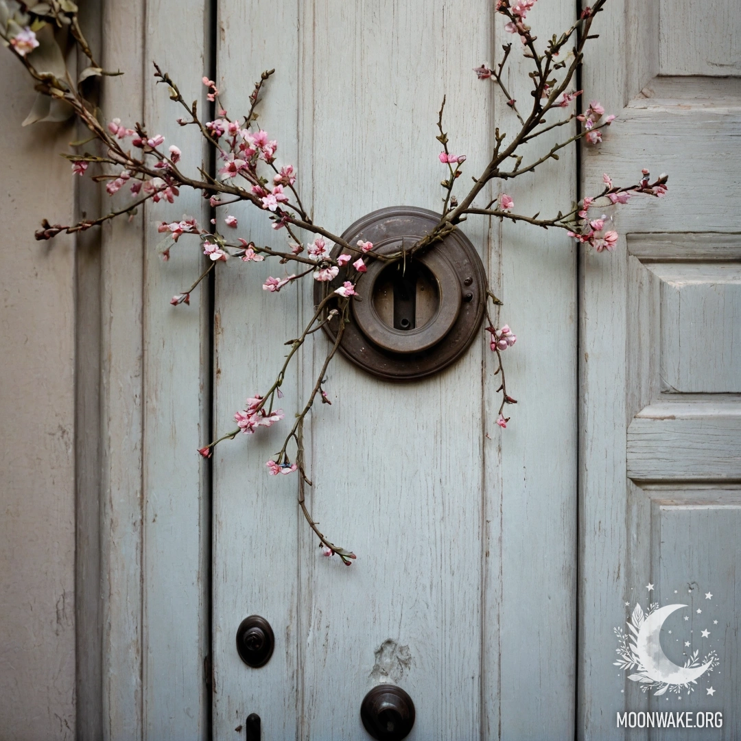 A shabby door adorned with twigs and flowers hanging from the handle.