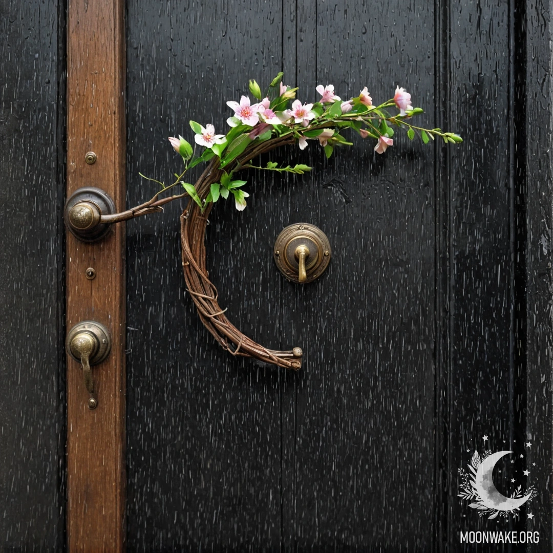 A shabby door adorned with twigs and flowers on the handle, rain falling.