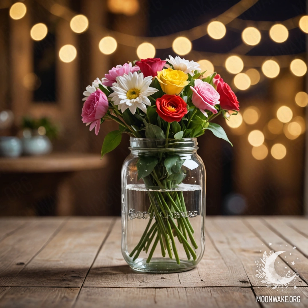 A shabby wooden table with a jar of flowers and a bokeh light garland in the background.