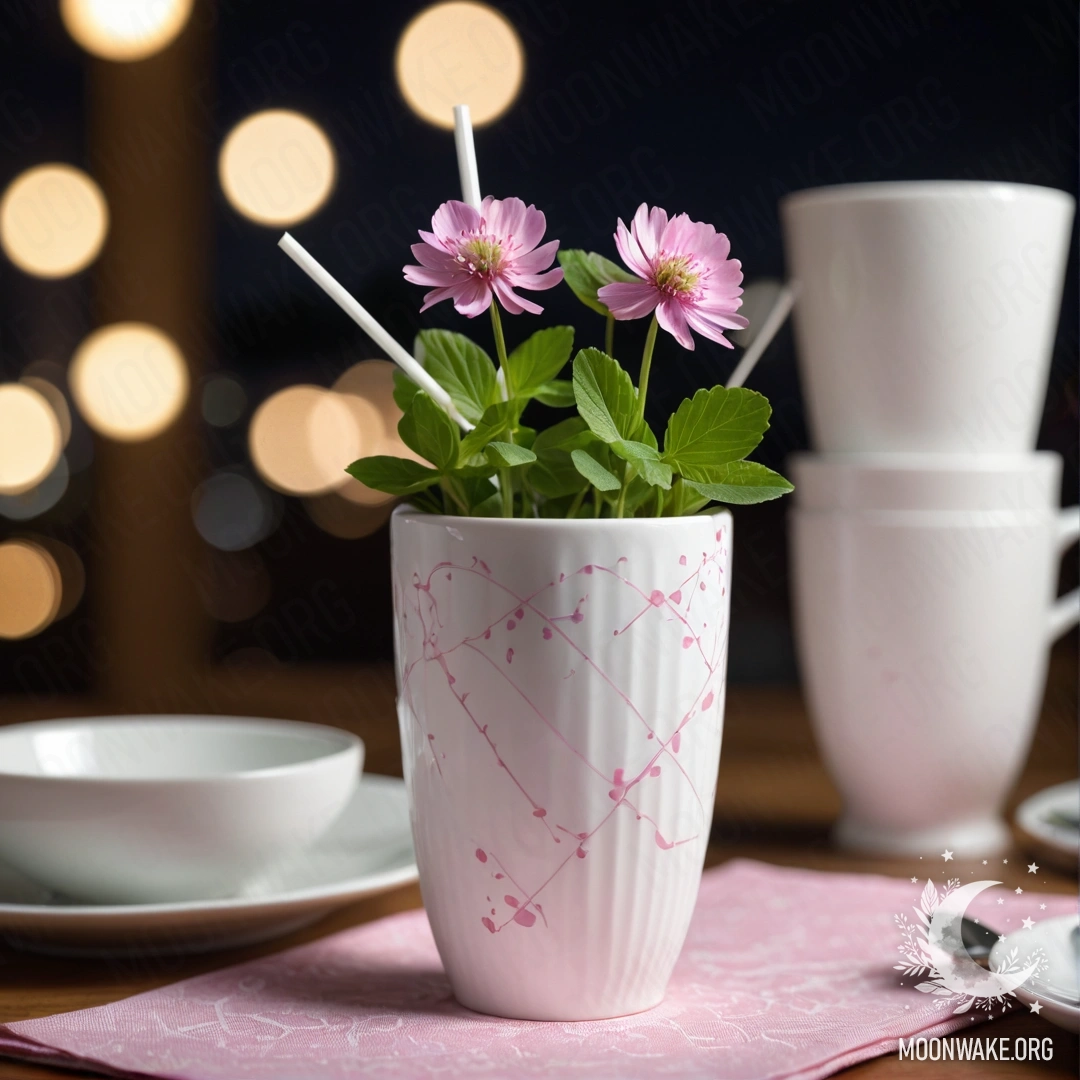 Charming Evening Tea Set A round straw napkin with white porcelain cups adorned with pink patterns, accompanied by a white vase with clover, set against a nighttime backdrop.