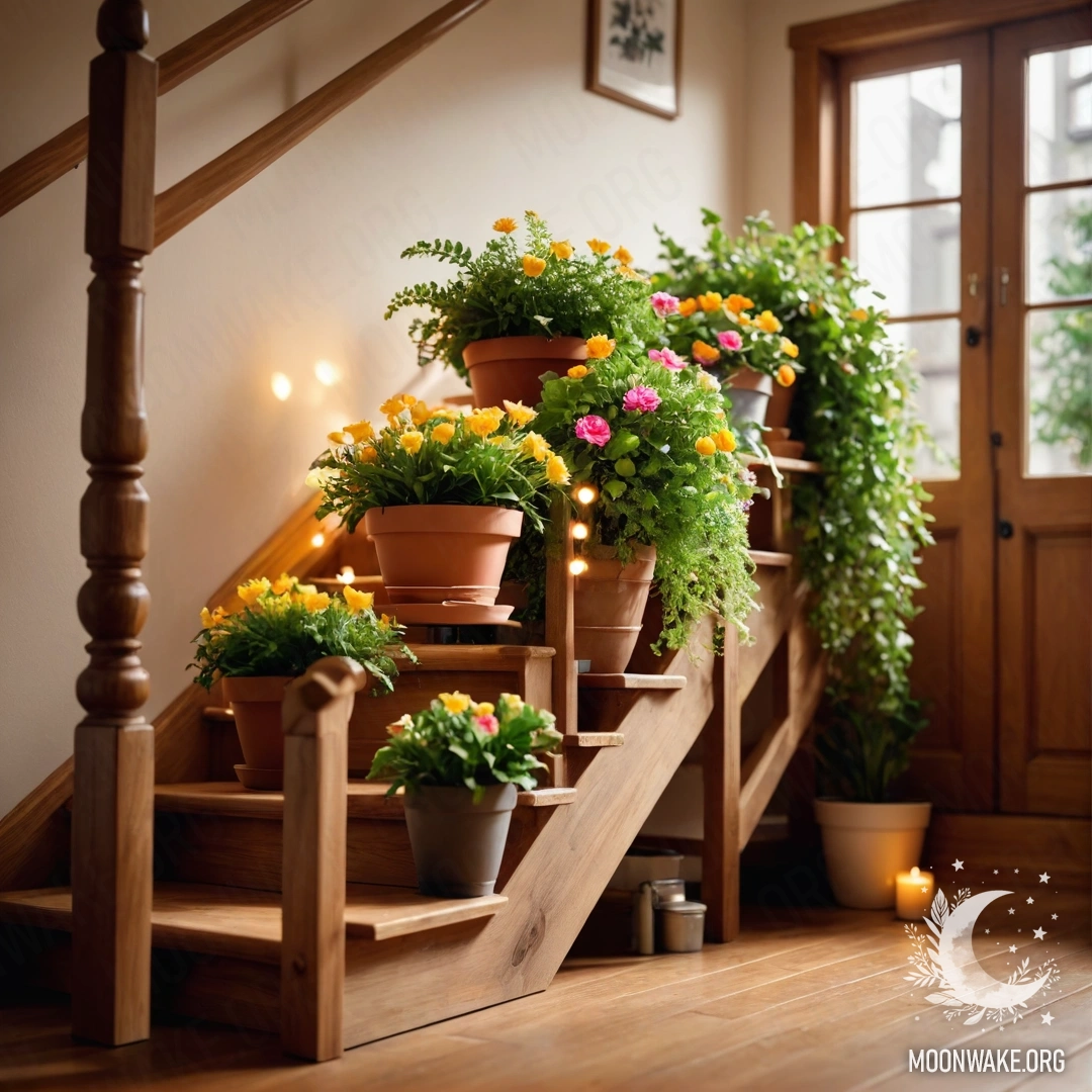 A wooden staircase adorned with flowerpots and twinkling garland lights.