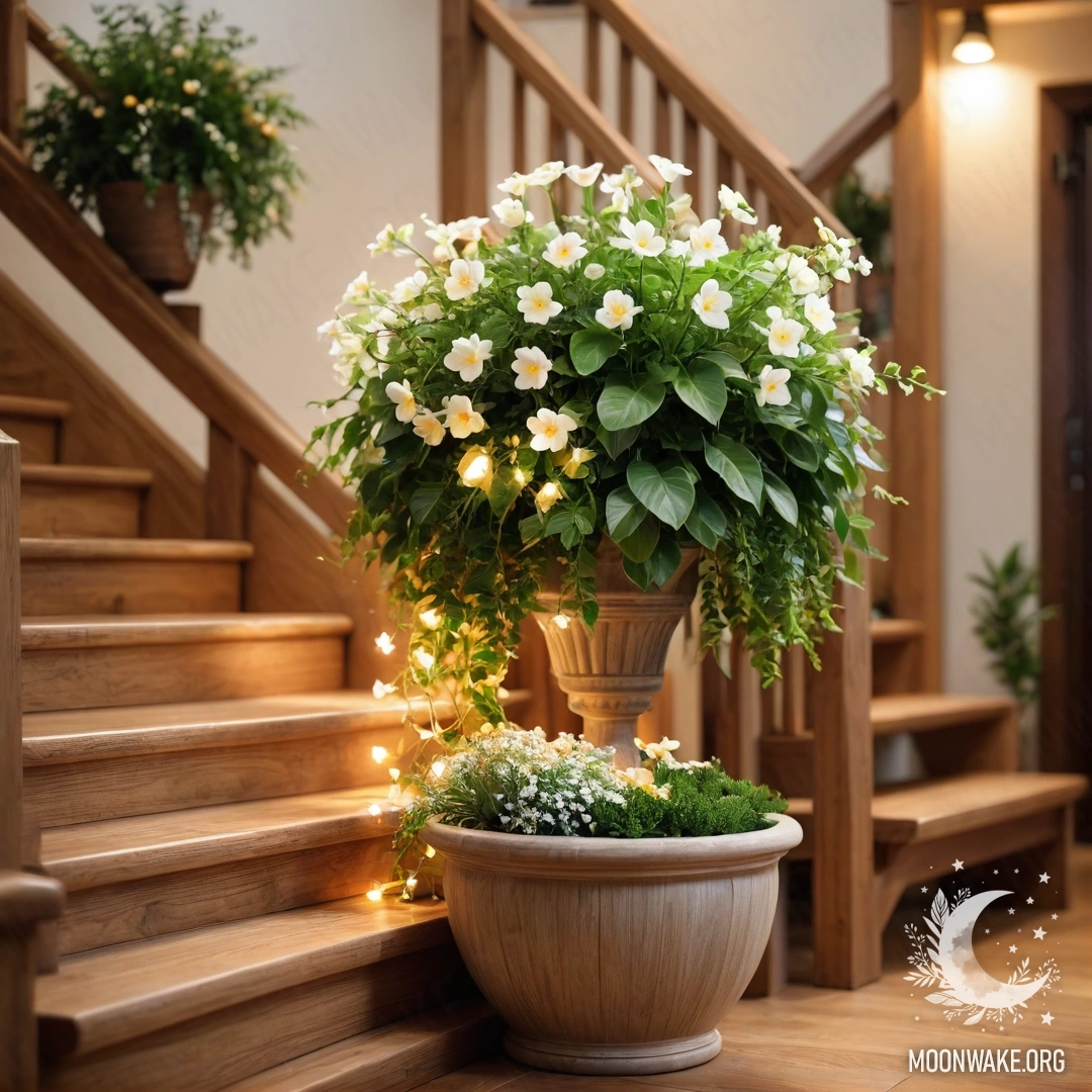 A wooden staircase adorned with flowerpots and garland lights.