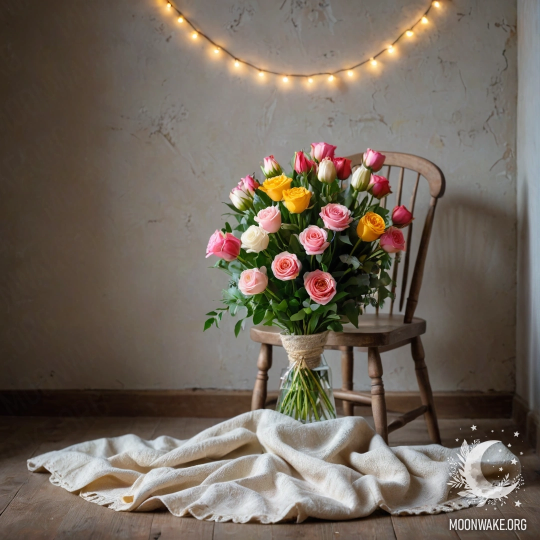 A cozy chair with a blanket and a bouquet of flowers on it, against a shabby wall.