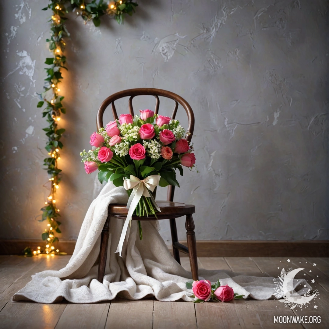 A bouquet of flowers rests on a blanket, lying on a chair against a shabby wall.