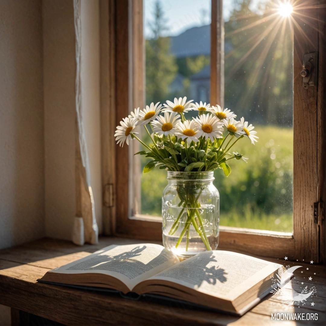 A rustic wooden table with a jar containing a bouquet of flowers, surrounded by a soft light garland bokeh in a heavy fog.