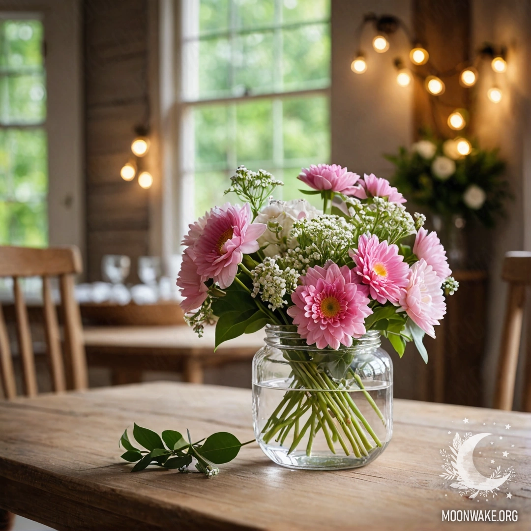 A rustic wooden table adorned with a jar of flowers, soft bokeh lights in the background.