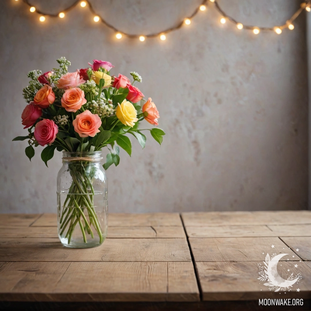 A shabby wooden table with a jar of flowers and a light garland bokeh in the background.