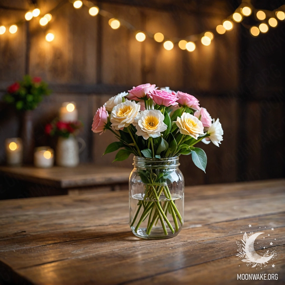 Charming Floral Composition on a Rustic Table A shabby wooden table with a jar of flowers and a light garland in the background at night.