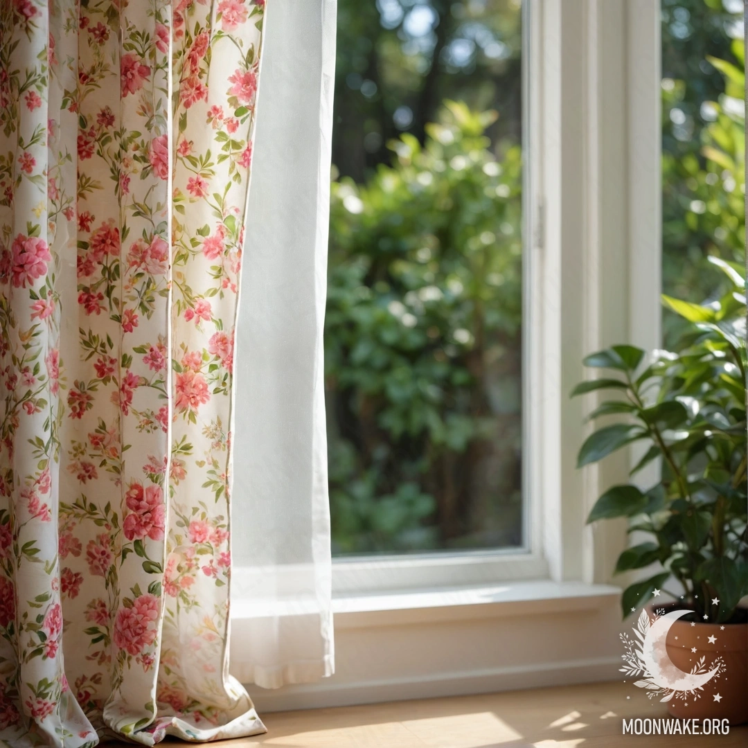 Close-up of a floral printed curtain with a garden view behind it.