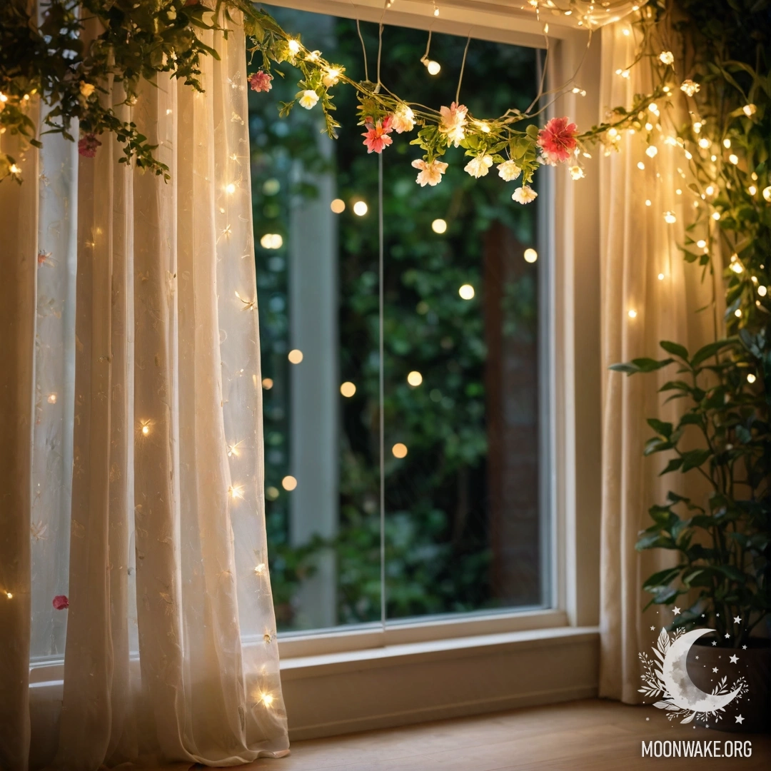 Charming Floral Curtain by the Window A close-up of a floral printed curtain with a blooming garden outside the window.