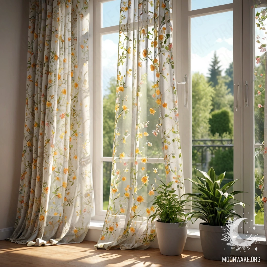 Charming Floral Curtain with Garden View A close-up of a floral curtain with a window behind it, showing a blooming garden outside with sun rays and bokeh.