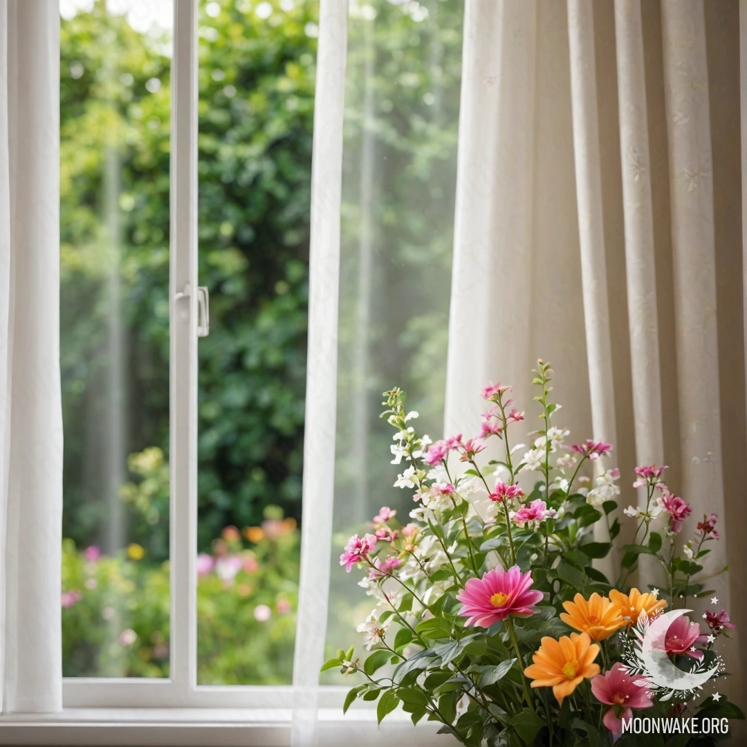 A close-up of a sweet floral print curtain with a window behind it, revealing a garden in soft focus.