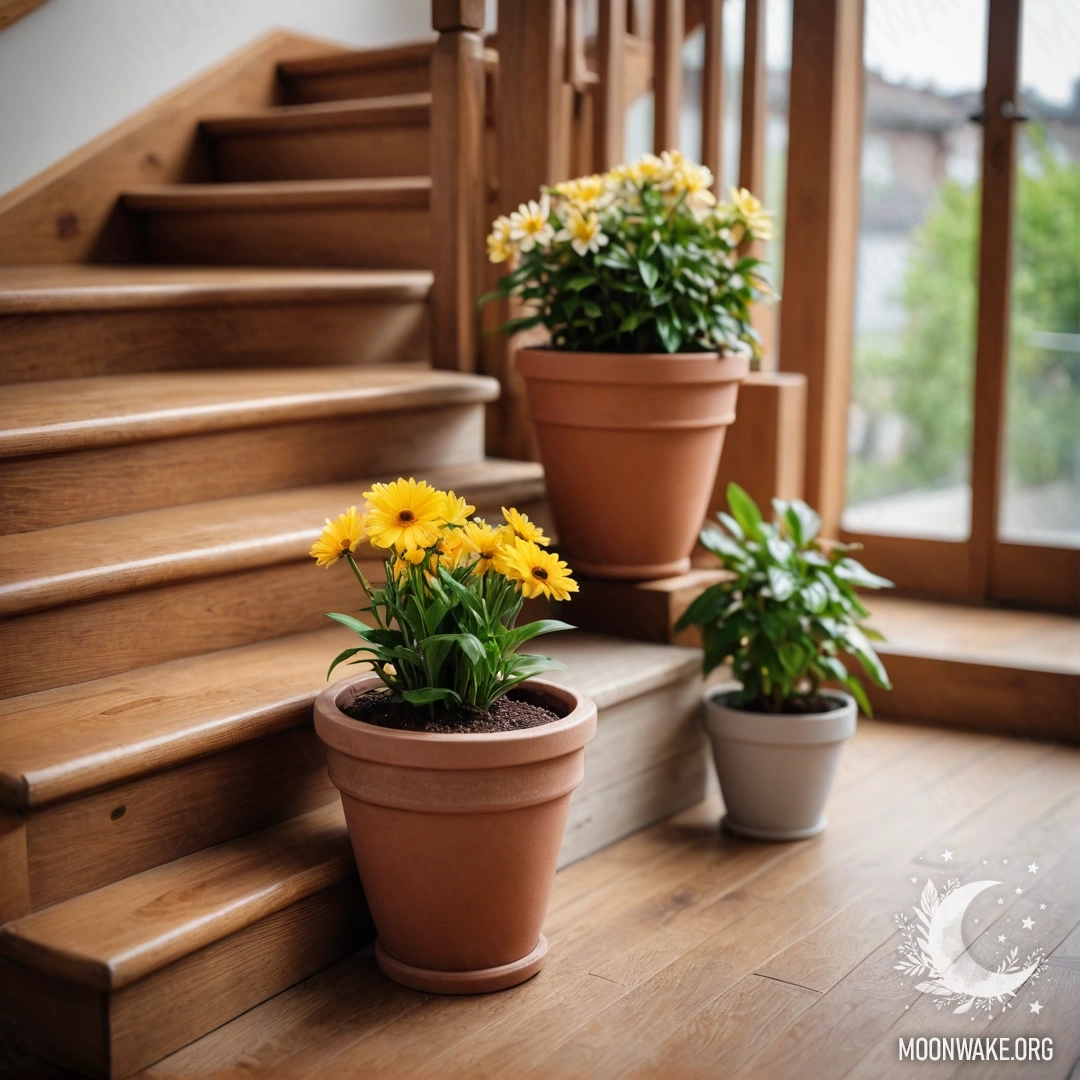 Charming Floral Display on a Wooden Staircase A wooden staircase adorned with flowerpots filled with blooming flowers.