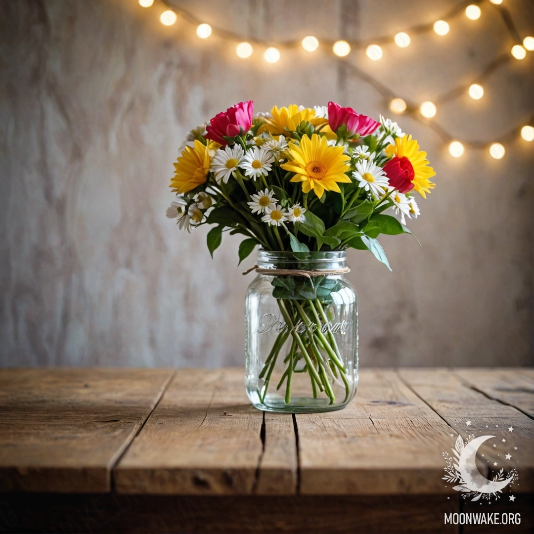A rustic wooden table with a jar of flowers and bokeh lights behind.