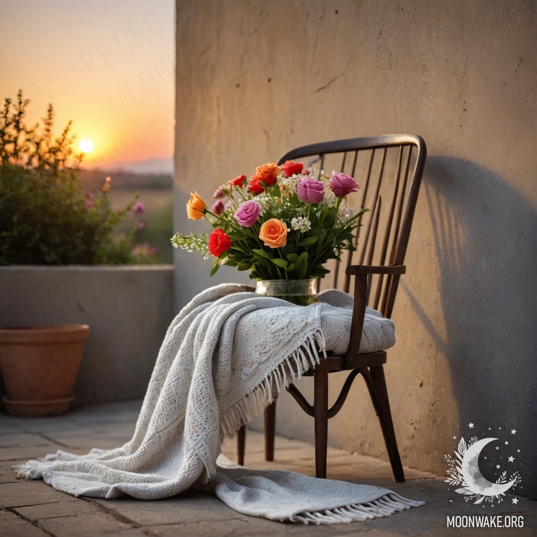 Charming Floral Moments A cozy chair against a shabby wall, adorned with a blanket and a bouquet of flowers at sunset.