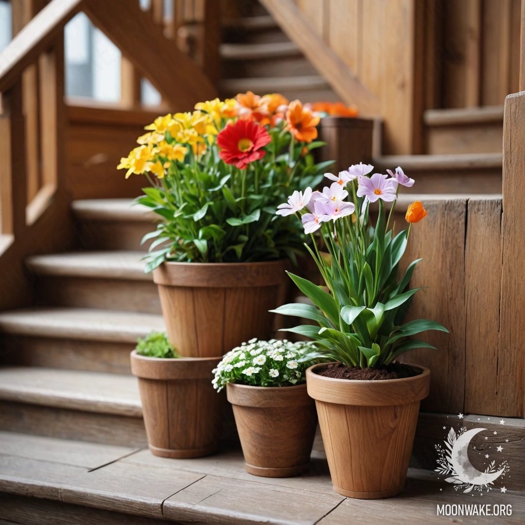 A wooden staircase adorned with decorative flowerpots.