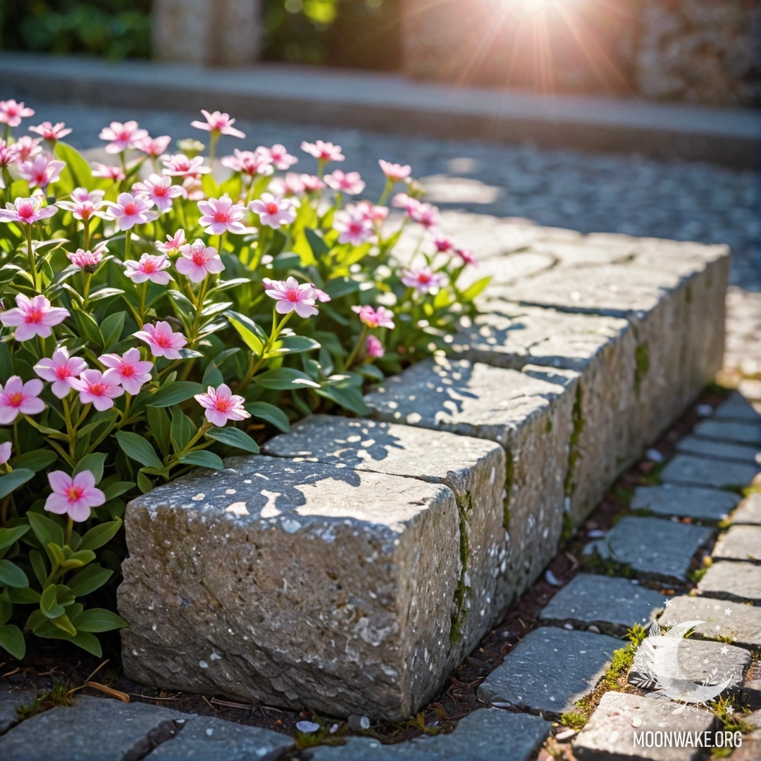 A shabby stone curb adorned with delicate white and pink flowers, illuminated by warm sun rays.