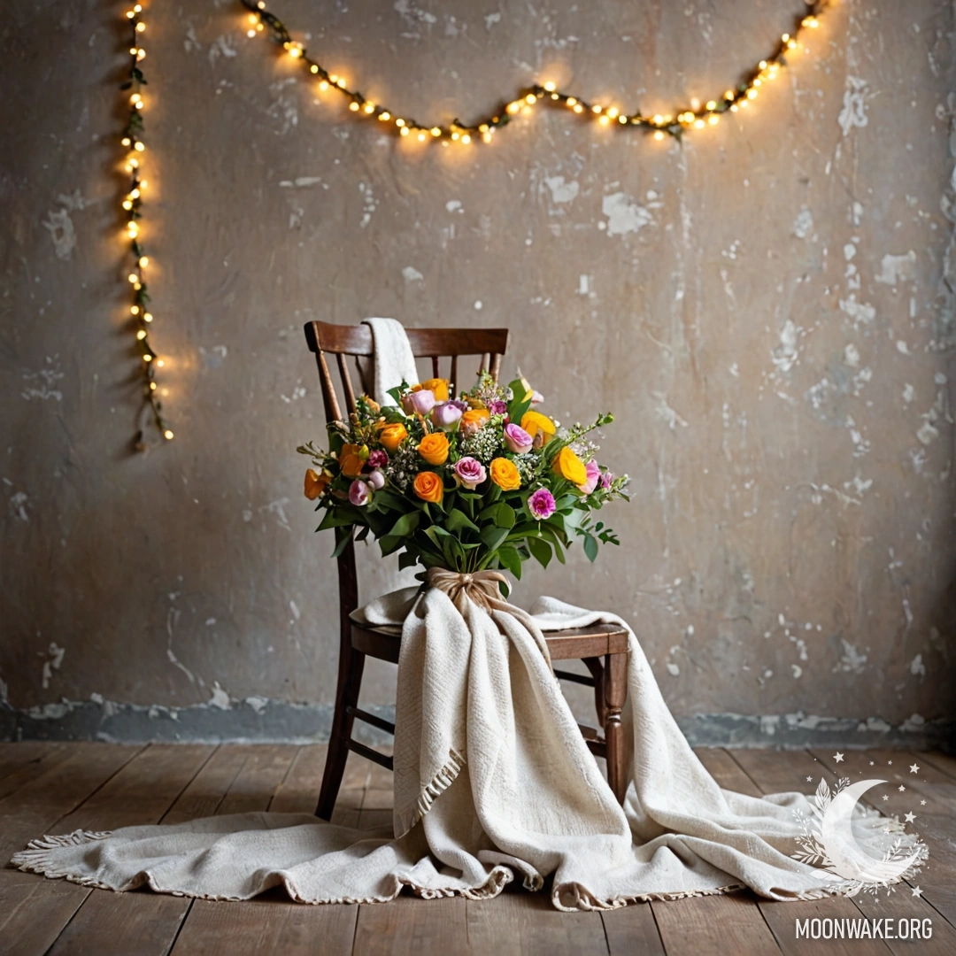 Charming Floral Still Life on Chair A chair with a blanket and a bouquet of flowers adorned with garland lights against a shabby wall.