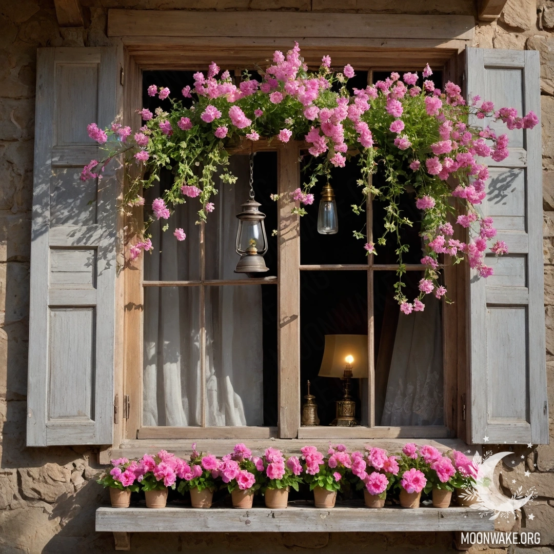 A shabby wooden table with a jar of flowers and a bokeh light background at sunset.