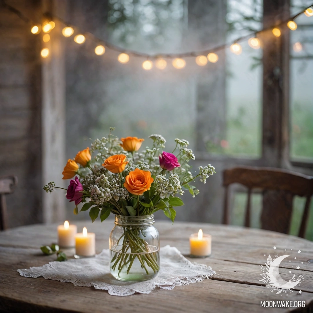 Charming Floral Still Life A rustic wooden table with a jar of flowers and light bokeh in fog.