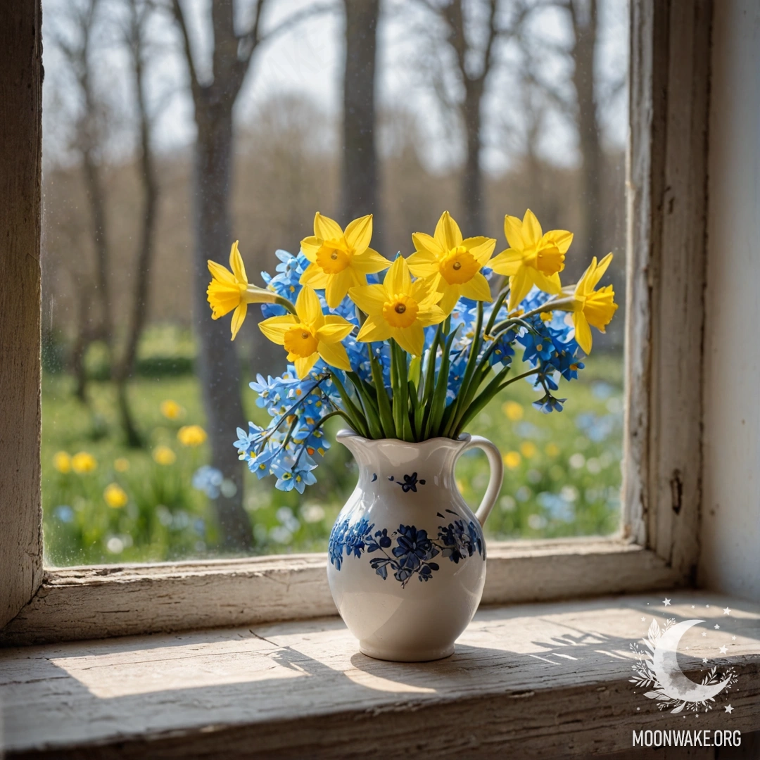 Charming Floral Window Sill An old, shabby wooden window sill adorned with a white porcelain vase containing daffodils and forget-me-nots.