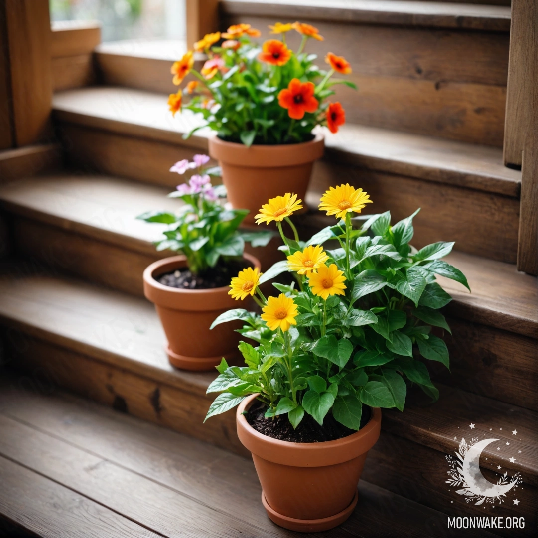 A wooden staircase adorned with flowerpots, creating a sweet atmosphere.
