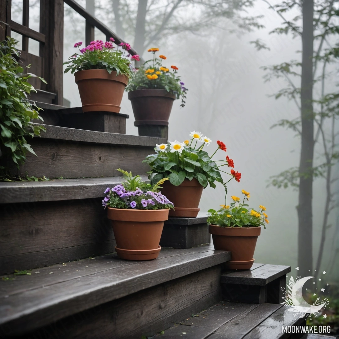 A wooden staircase shrouded in dense fog with flowerpots adorning it.
