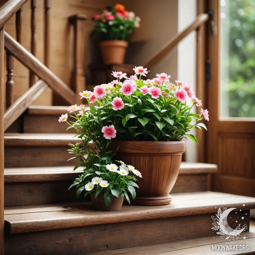 A wooden staircase adorned with flowerpots that have beautiful lens.